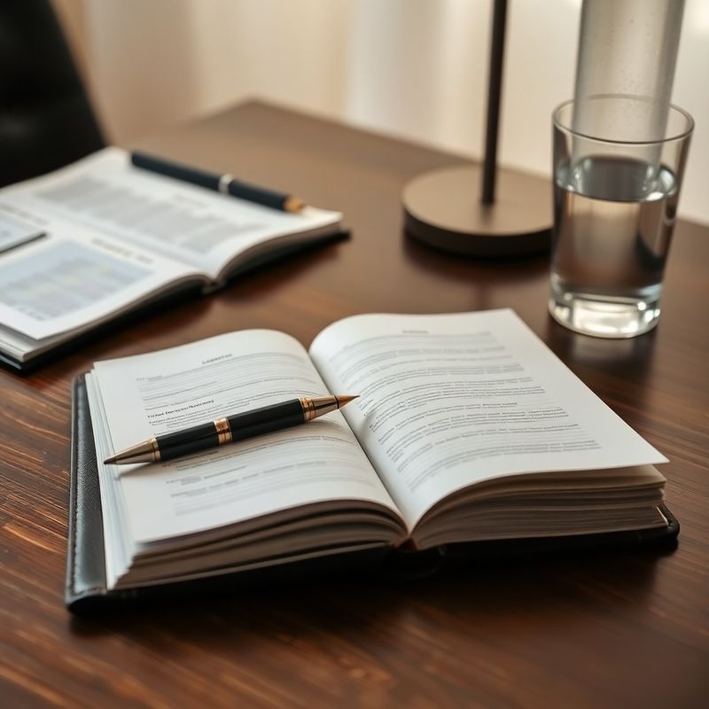 Detaliu al biroului AdvisoryScale — carnet de piele, stilou și raport tipărit