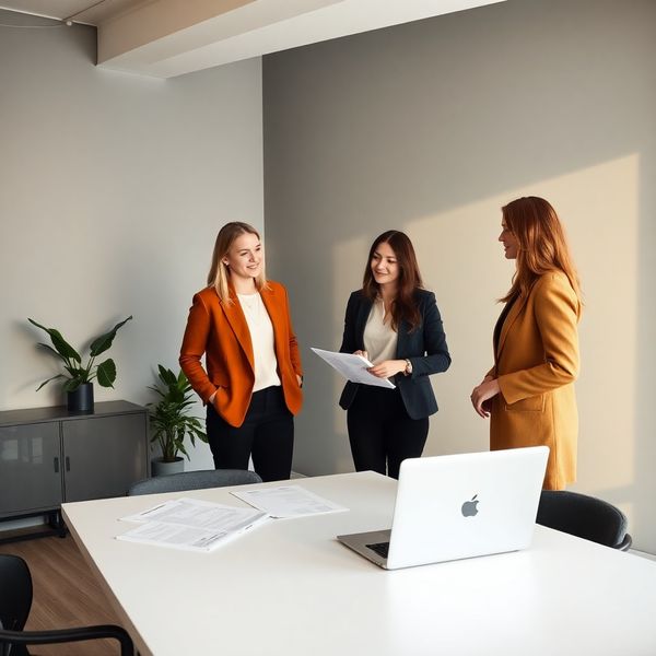 Trei consultanți AdvisoryScale lucrând într-un birou minimalist